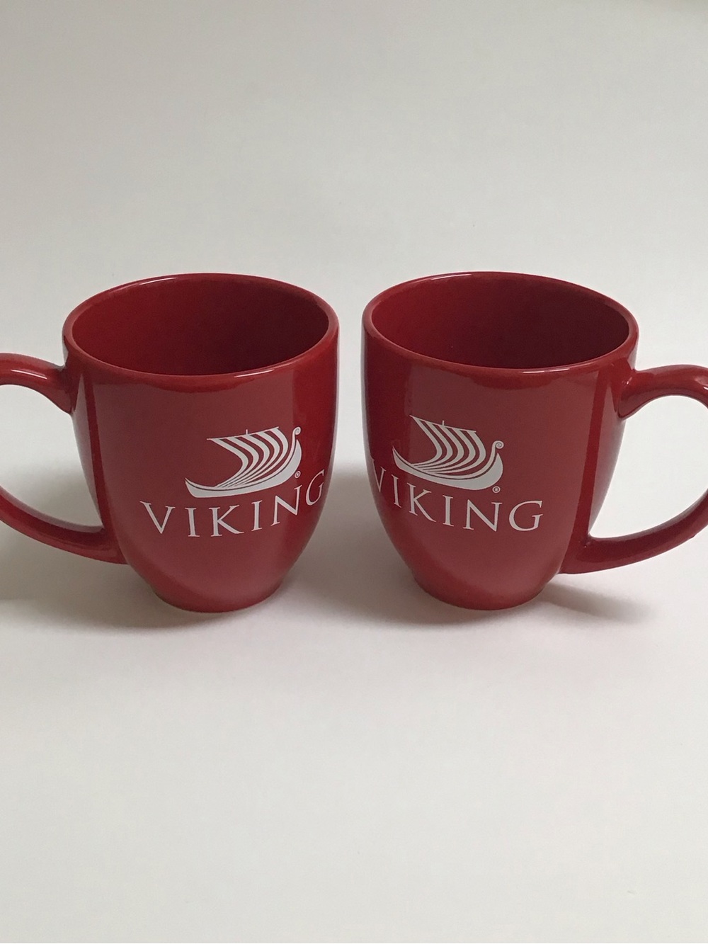 Viking Cruise Lines PAIR Coffee Mugs Tea Cups Red White BIG 14 oz Traveler NEW